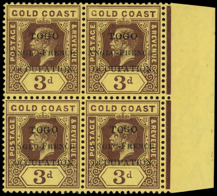 1915 13d purple on yellow r/h marginal block...