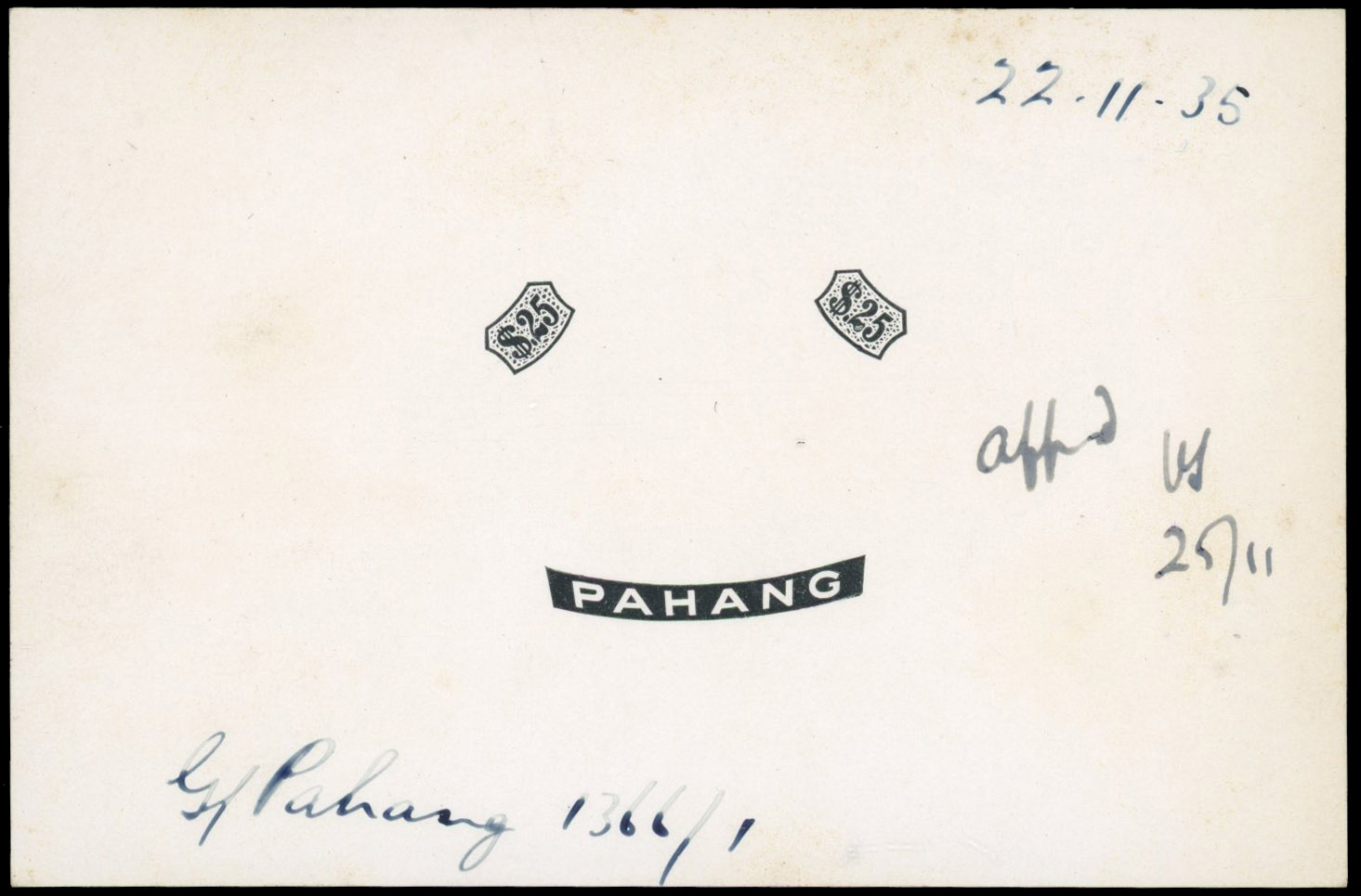 Pahang Revenue 1935 Die Proof for 1936 $25
