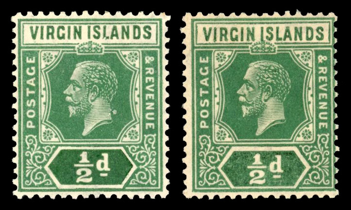 Virgin Islands 1921 Script CA ½d green mint with large part o.g. variety ‘ISLANDS' flaw