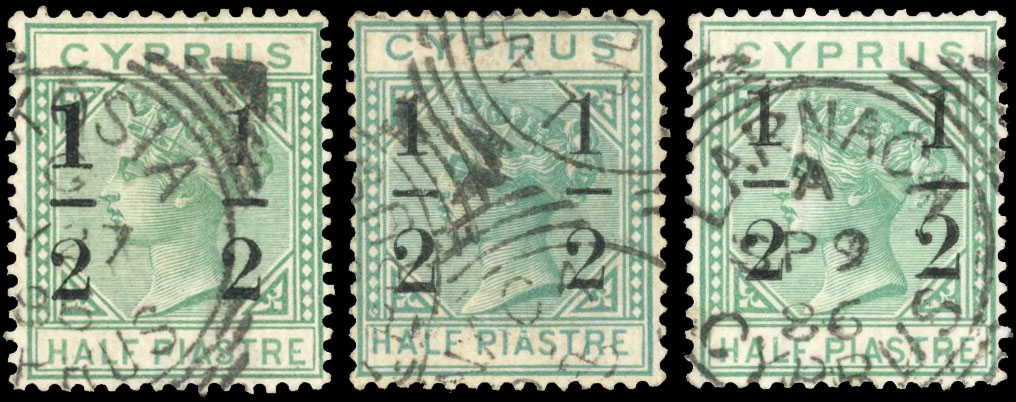 Cyprus SG 29a, c, d 1886 '½' surcharge varieties used