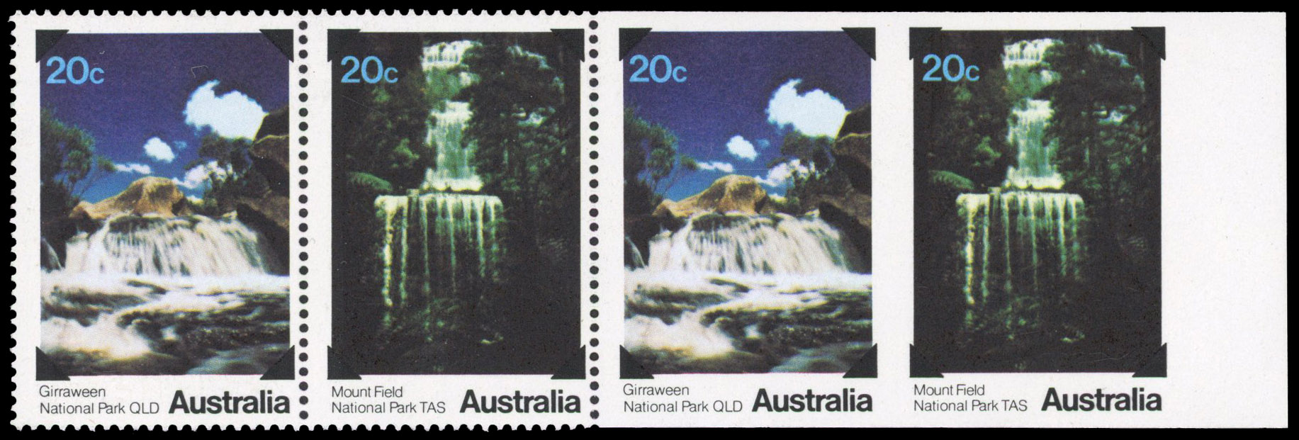 AUSTRALIA: 1979 20c National Parks, right-hand marginal strip of 4, the right-hand pair imperforate. One sheet reported 