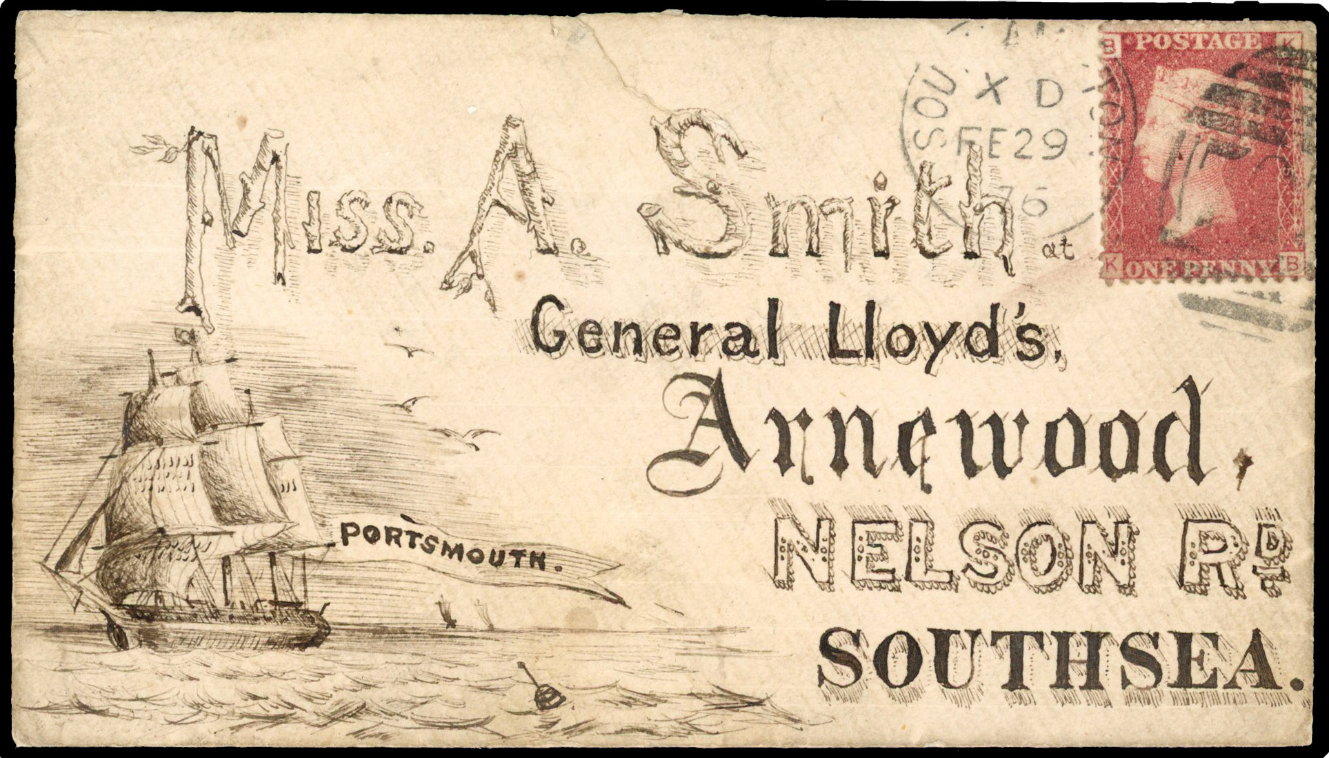 1876 (29 Feb) hand-illustrated envelope ‘depicting a three-rigged ship’ addressed to Southsea