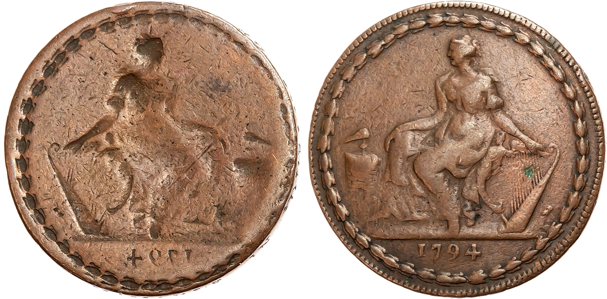 Co. Dub.  Dublin , Camac, Kyan & Camac brockage Halfpenny 1794, rev. struck twice, one side in reverse, edge PAYABLE IN  …