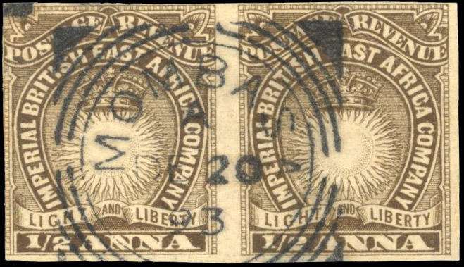British East Africa SG 4ba 1890-95 ½a imperf horizontal pair used