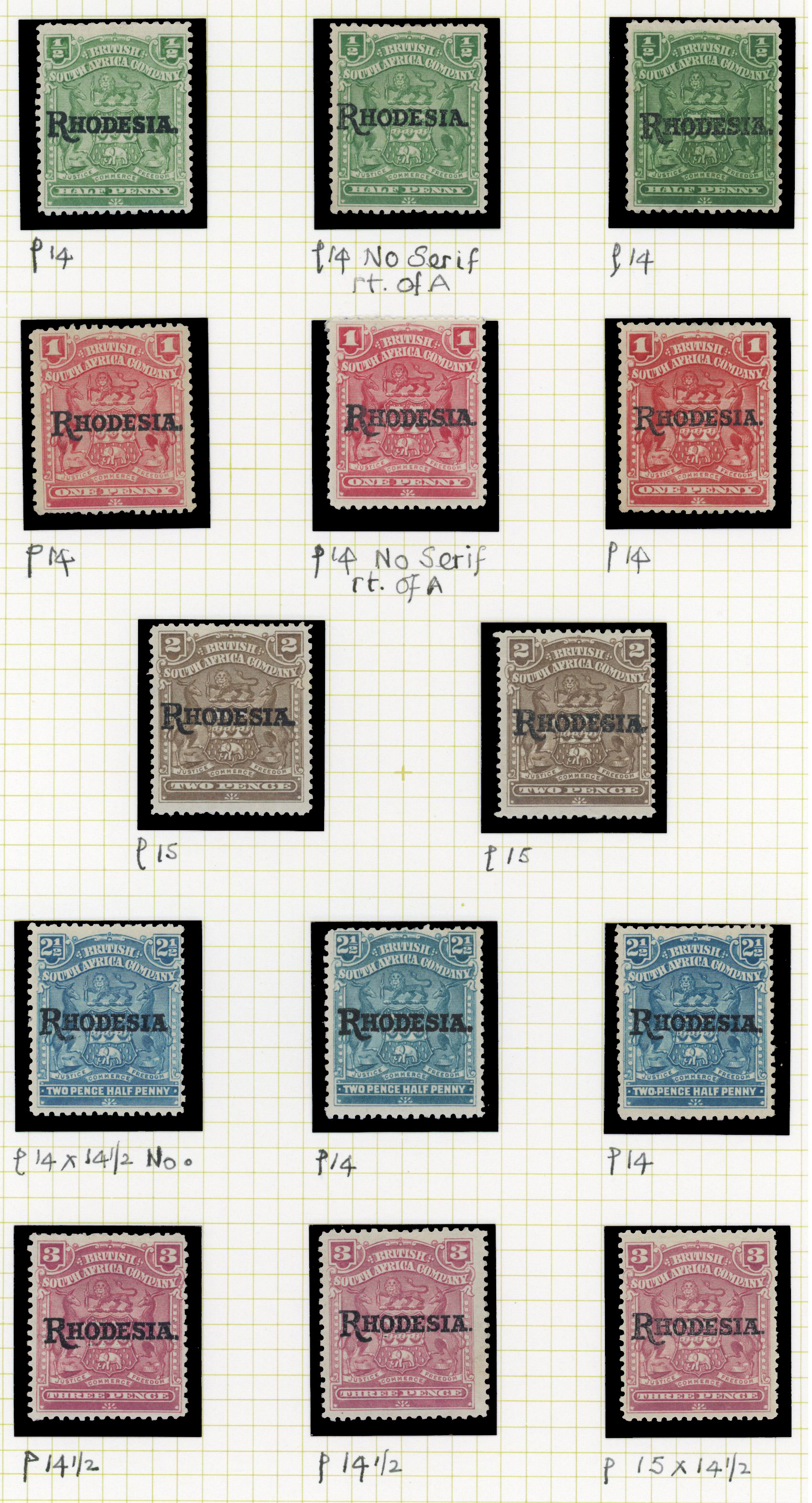 1909-12 ‘RHODESIA’ overprints mint and used selection with perforation variations arranged on album leaves