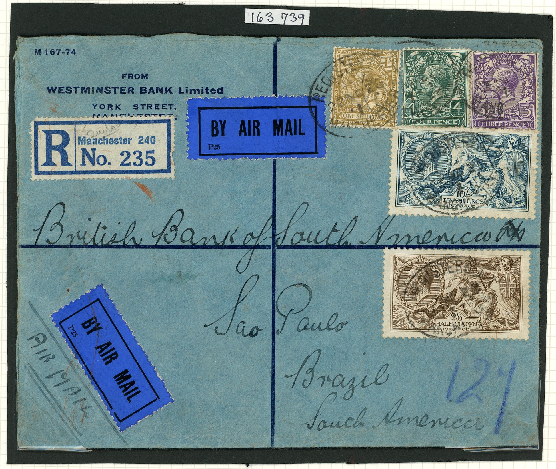 Great Britain 1928 registered envelope addressed to Brazil bearing KGV 'Seahorse' 2s6d, 10s, profile head 3d, 4d, 1s....