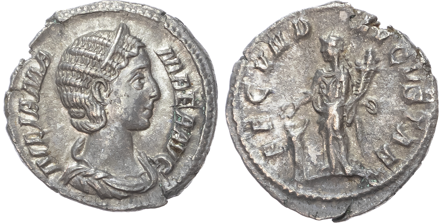 Julia Mamaea (Mother of Severus Alexander), AR Denarius, Rome, AD 228, 2.65g. 
