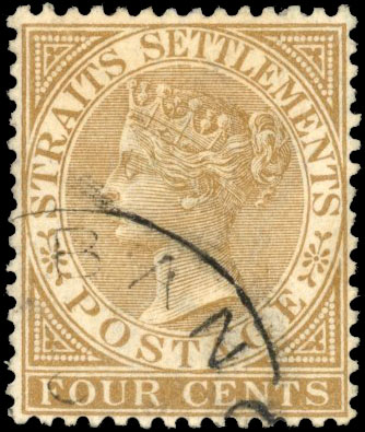 British PO in Siam 1883-84 Straits 4c wmk Crown CA with partial Bang(kok) cds