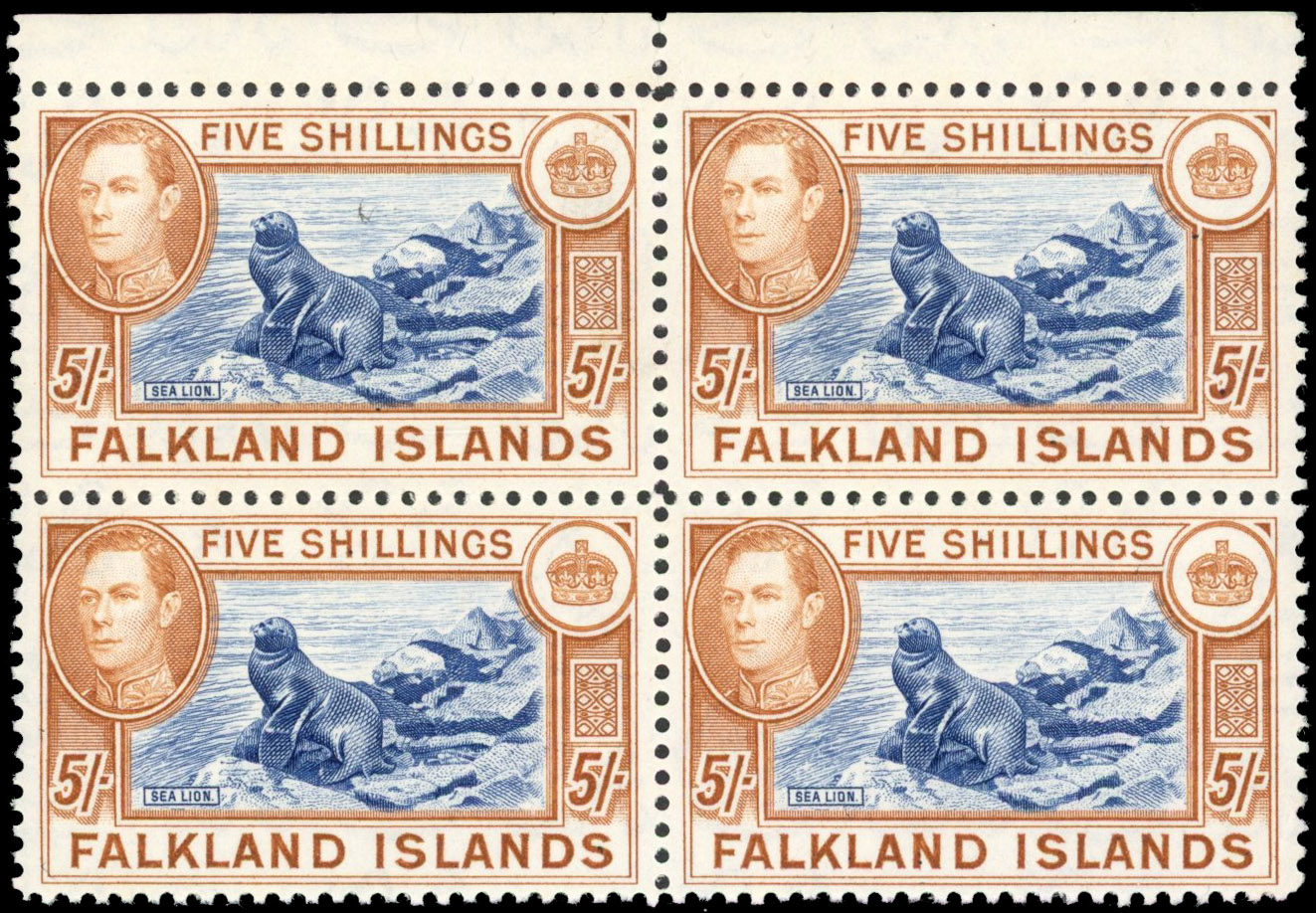 Falkland Is SG 161b 1938 5s 'indigo' block mint