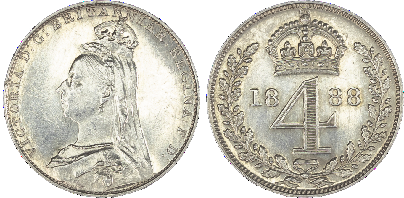 Victoria (1837-1901), Maundy set, 1888, Four, Three, Two and One Penny, each with Jubilee best left, legend and toothed