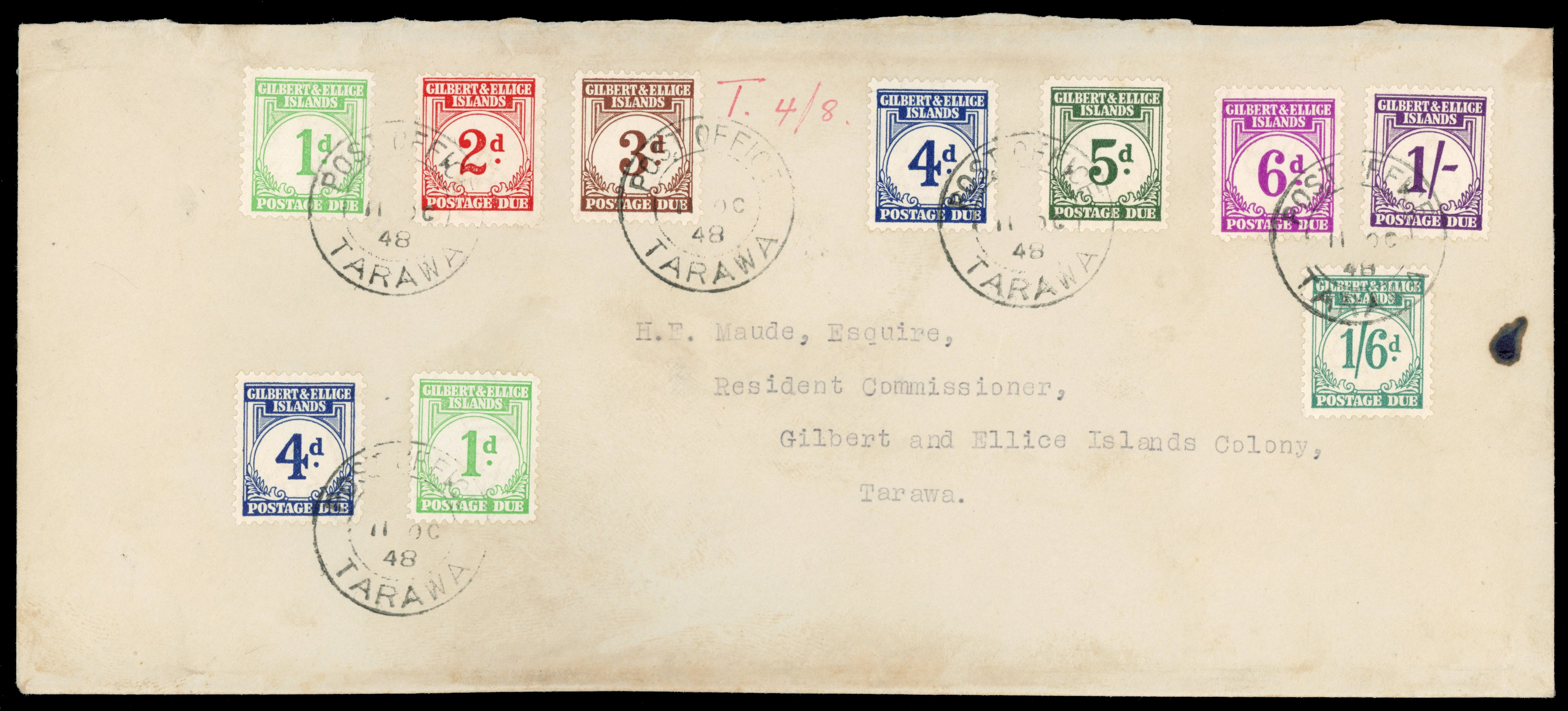 Gilbert & Ellice Islands SG D1-8 Postage Due set on 1948 cover