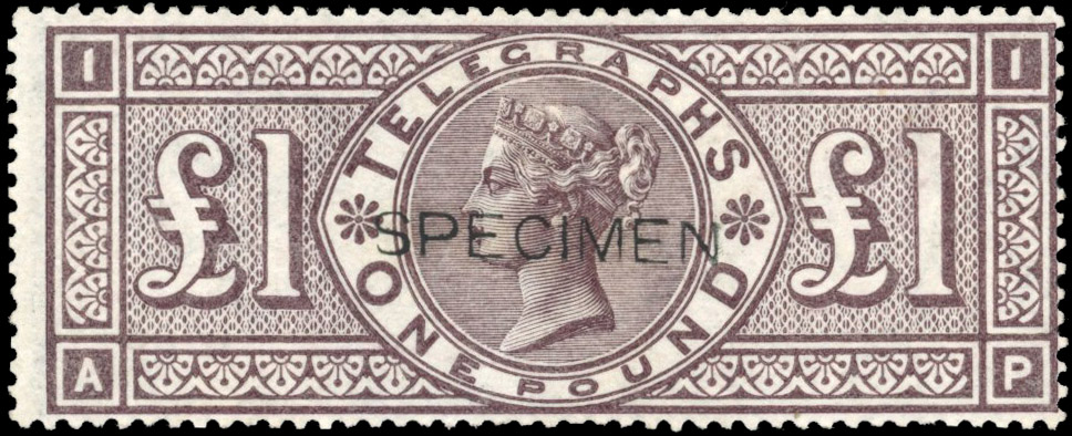 GB: TELEGRAPH: 1877 £1 Brown-lilac (AP), mint large part og overprinted ‘ SPECIMEN’ (type 8). Fine