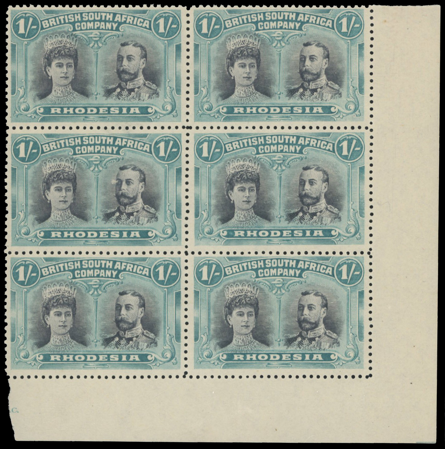 1s grey-black and deep blue-green SG 151 block, positions 39-50 mint