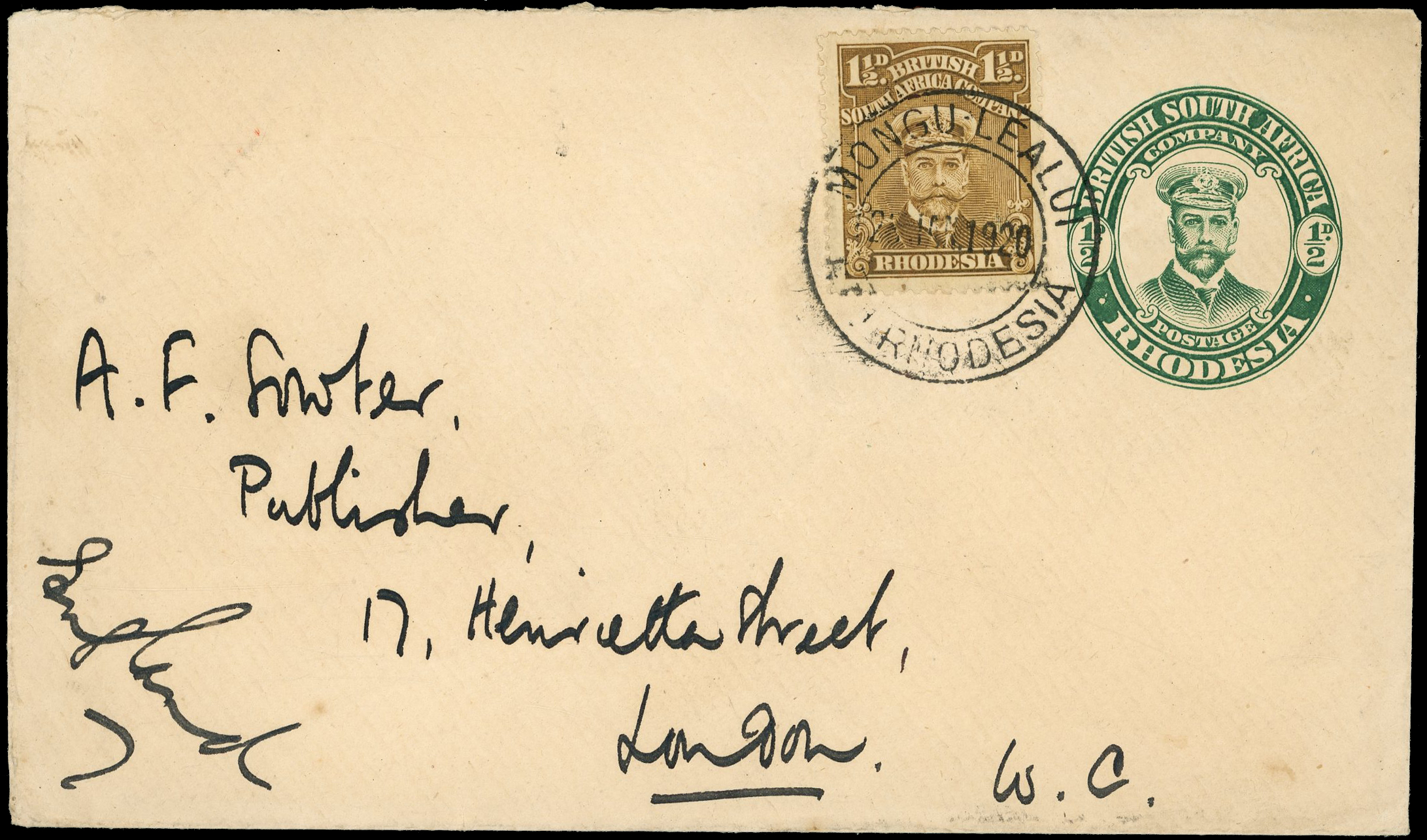 1920 ½d green envelope used from Mongu Lealui to England