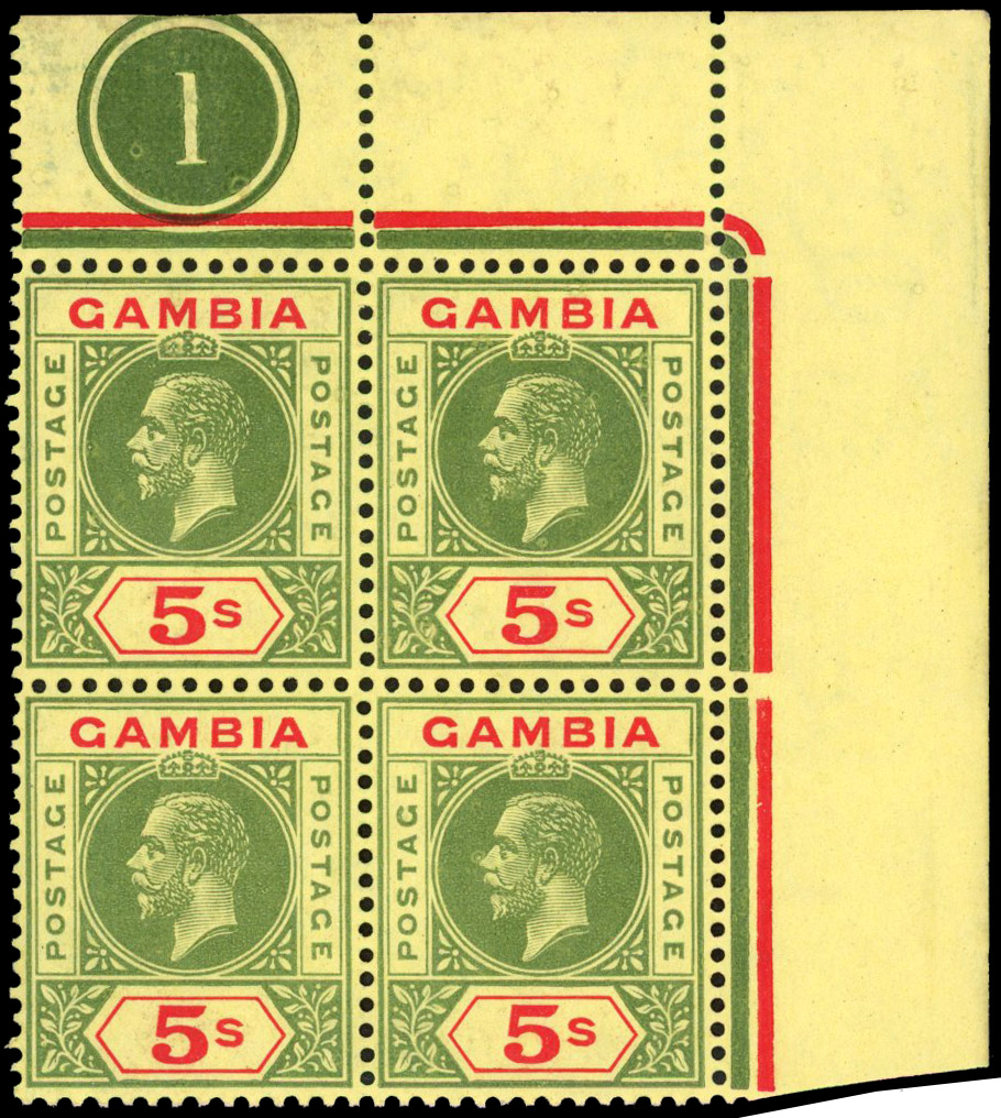 Gambia 1912-22 5s plate block of 4