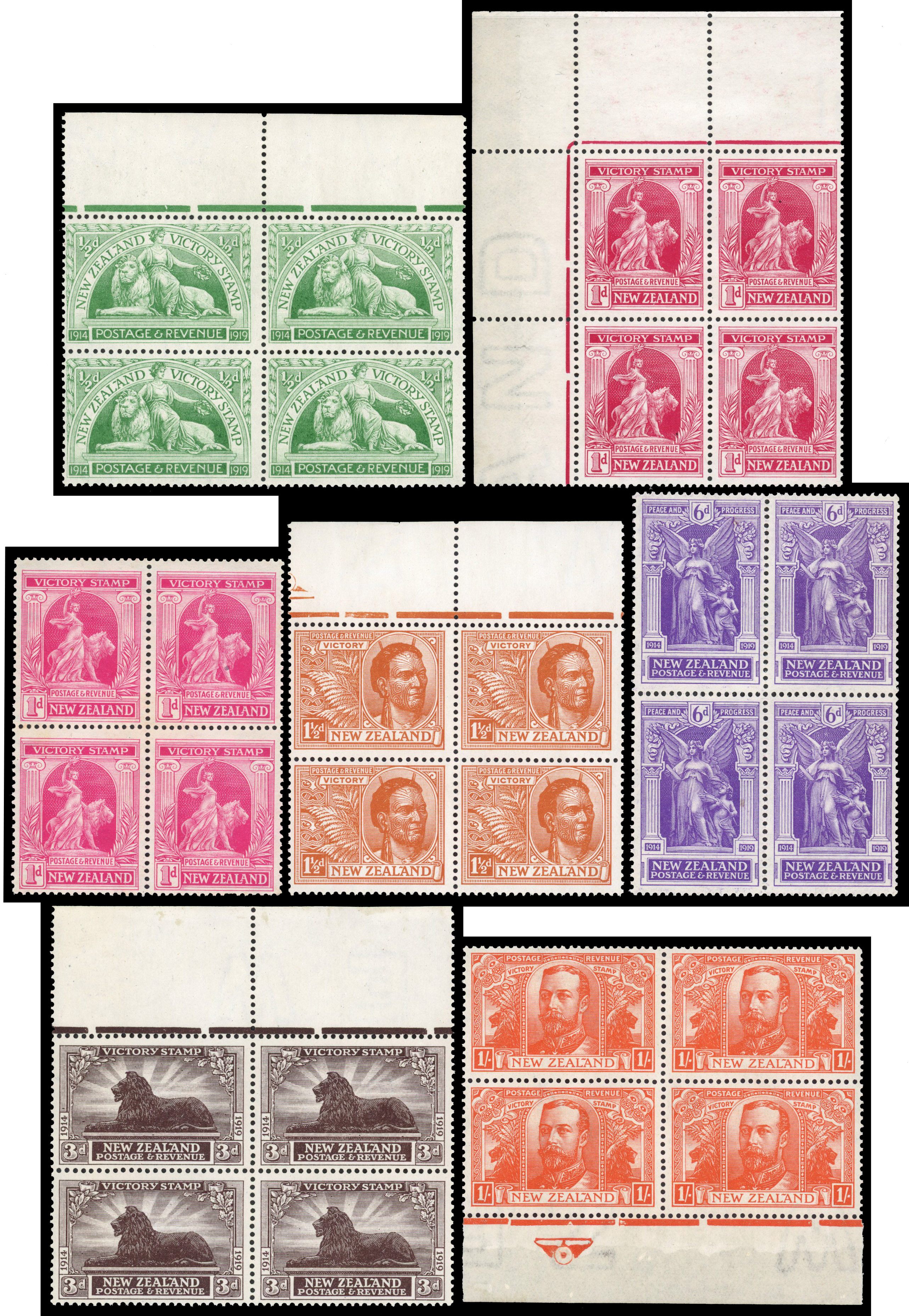 New Zealand 1920 Victory set blocks of 4