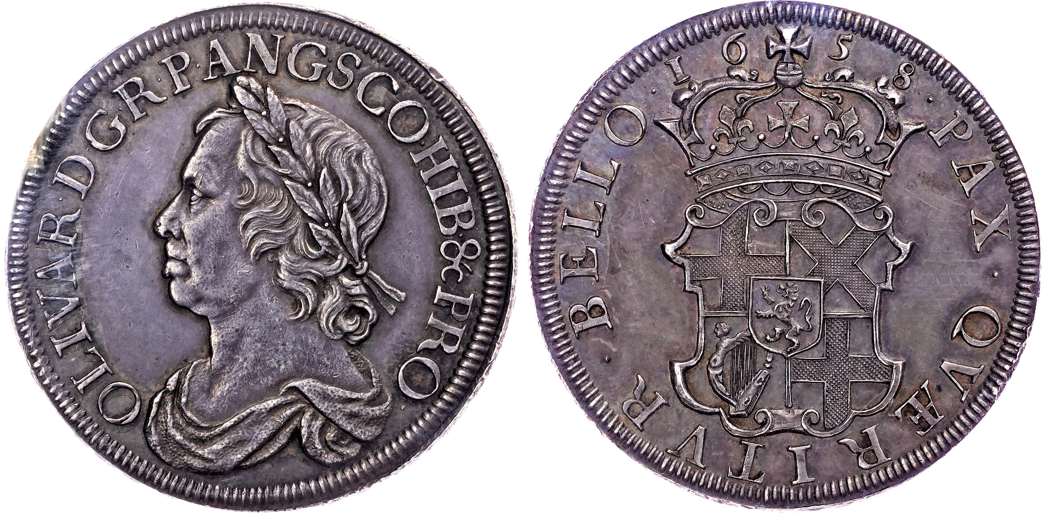 Oliver Cromwell, AR Crown, 1658, J. S. Tanner’s copy (struck in 1738). PCGS AU58 (Finest Graded)