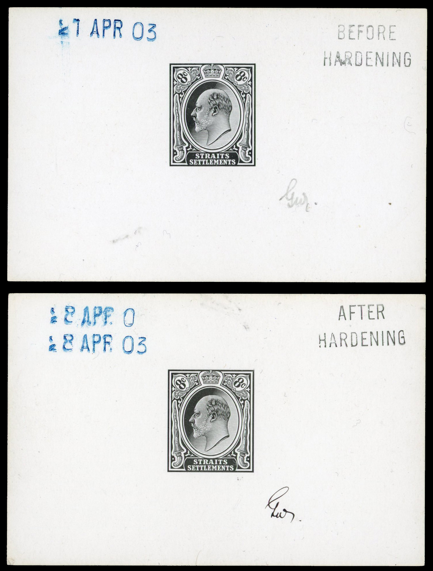 Straits Settlements 1903 8c die proof x2 BEFORE and AFTER HARDENING