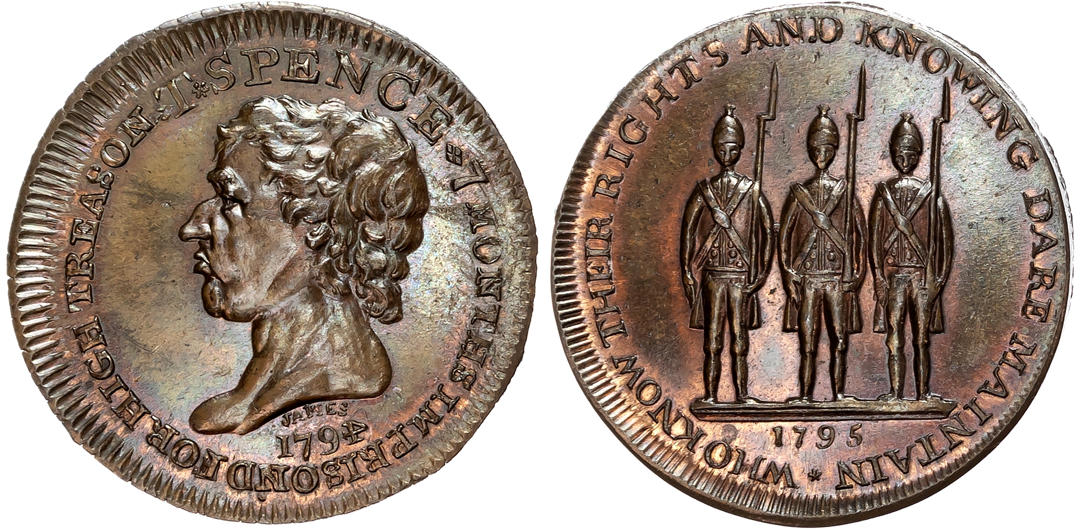 London, Holborn, Thomas Spence Halfpenny 1794, Head of Spence left, rev. three fusiliers standing in a row, edge plain.  …