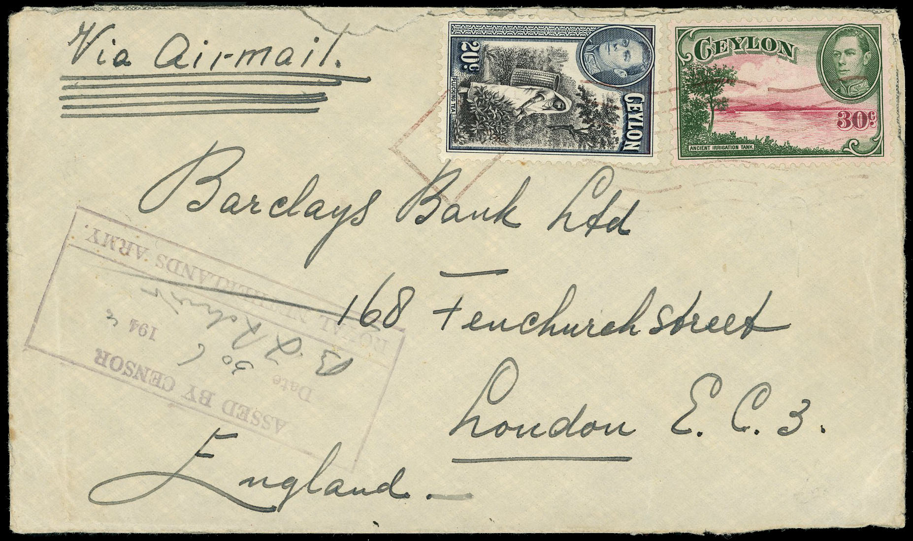 Ceylon WW2 cover with Netherlands Army Censor