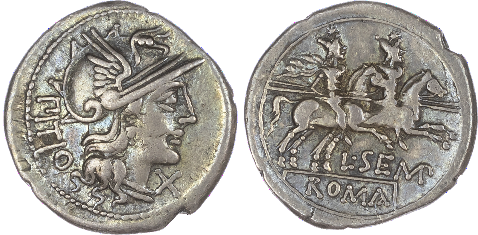 L. Sempronius Pitio (148 BC) AR Denarius, Rome, 3.75g. Helmeted head of Roma facing right, PITIO behind, X (mark of value)