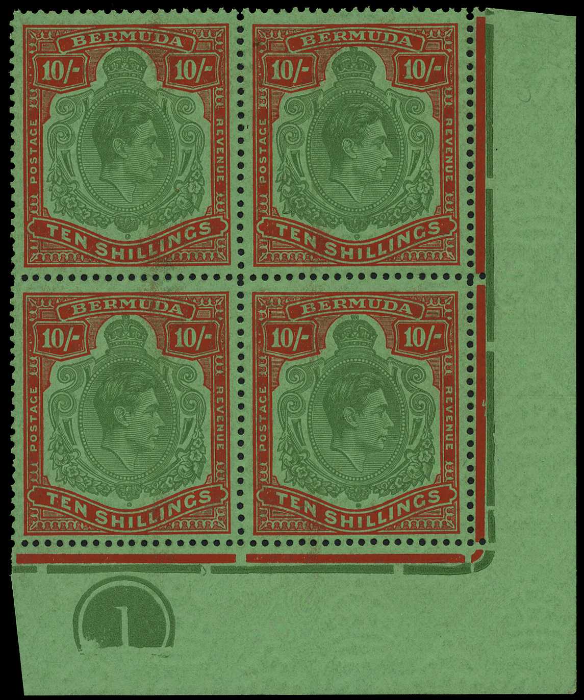 1951 (June) 10/- green and vermilion on...