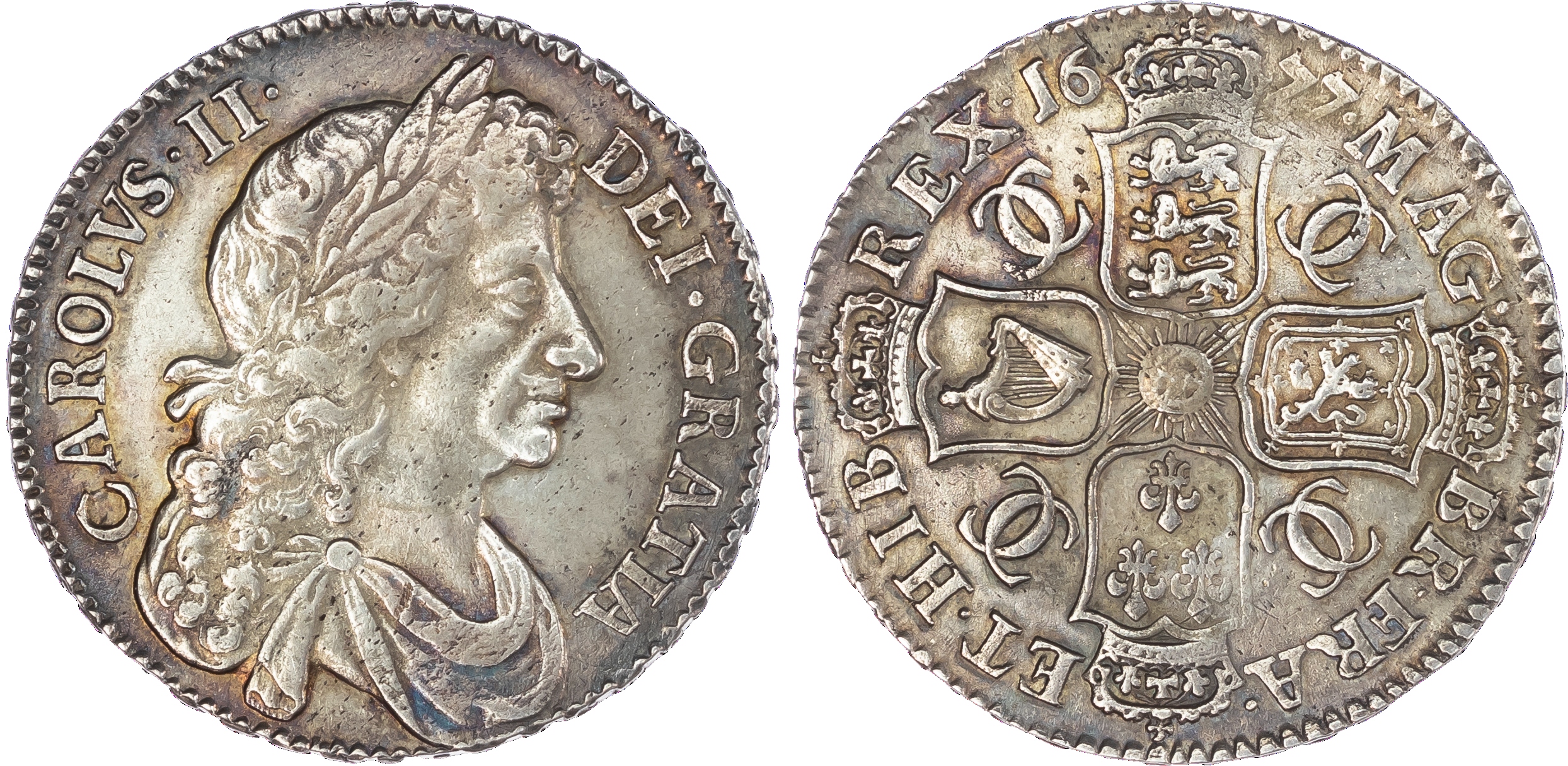 Charles II (1660-1685), Halfcrown, 1677, V. NONO, fourth laur. bust r., reverse crowned cruciform shields, interlinked Cs in