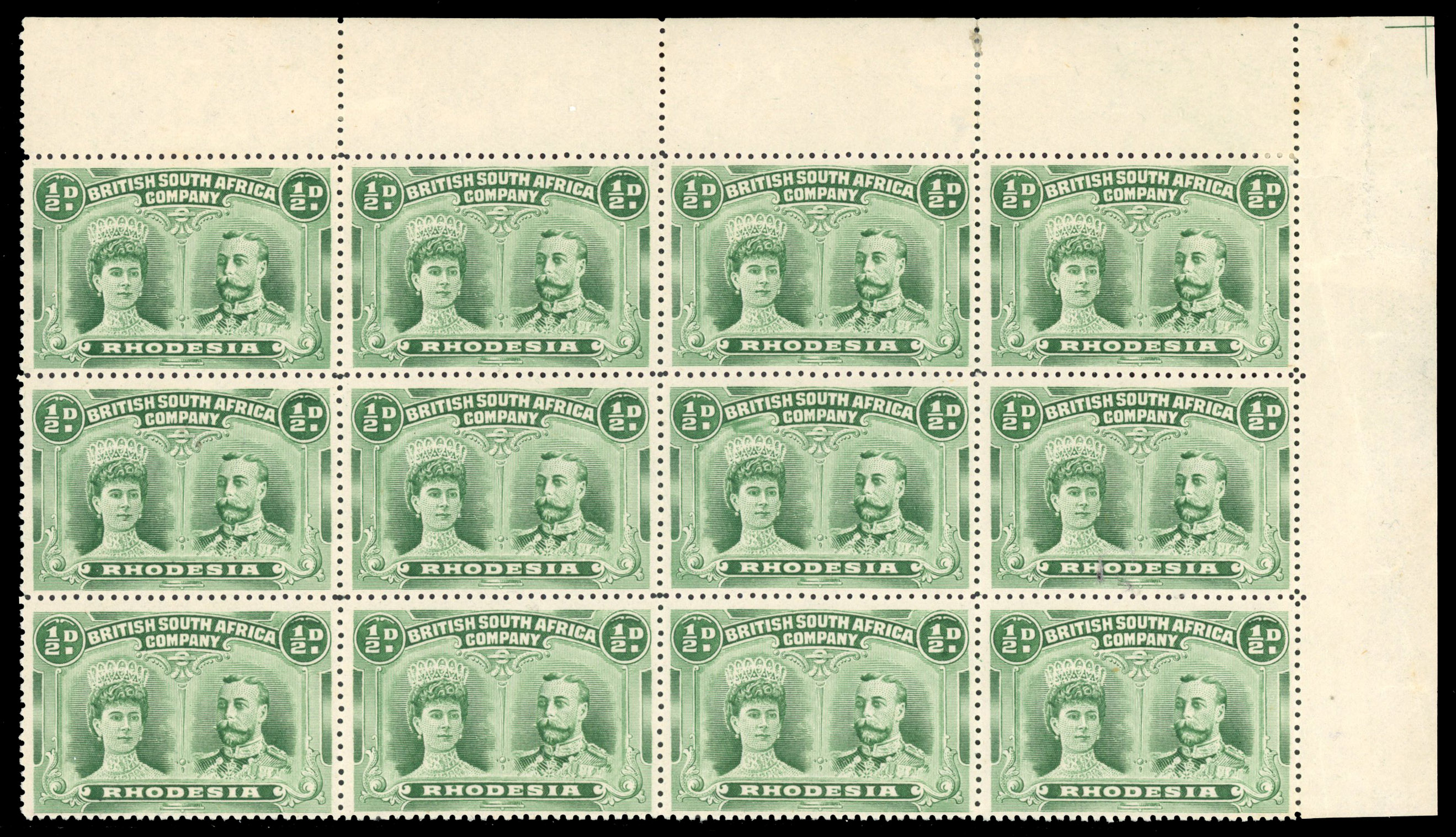 ½d dull blue-green RJL 5 corner block of twelve, positions 7-30 mint
