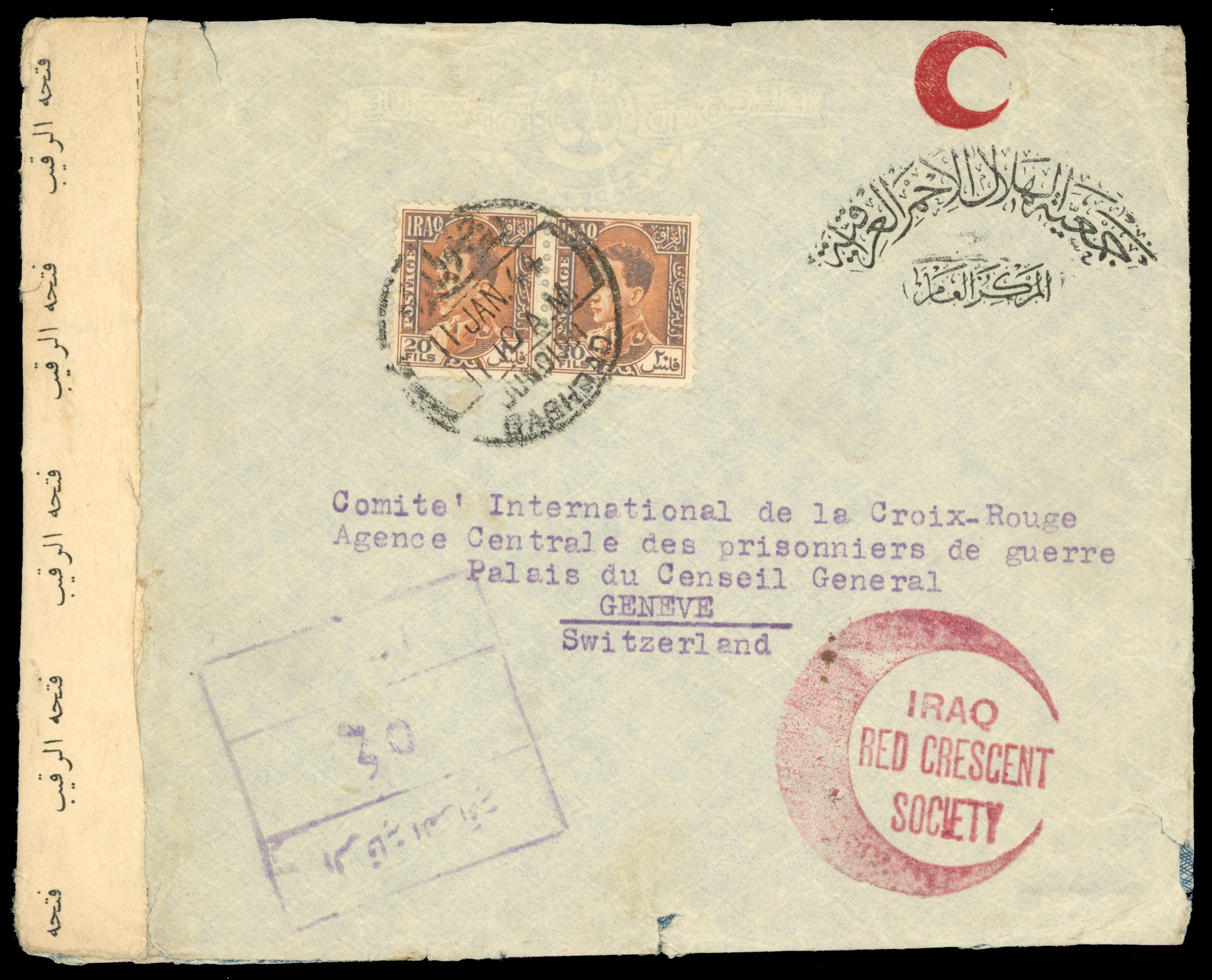 IRAQ: 1944 (11 Jan) Red Crescent printed cover to Geneva, bearing 20f pair, tied Baghdad cds,