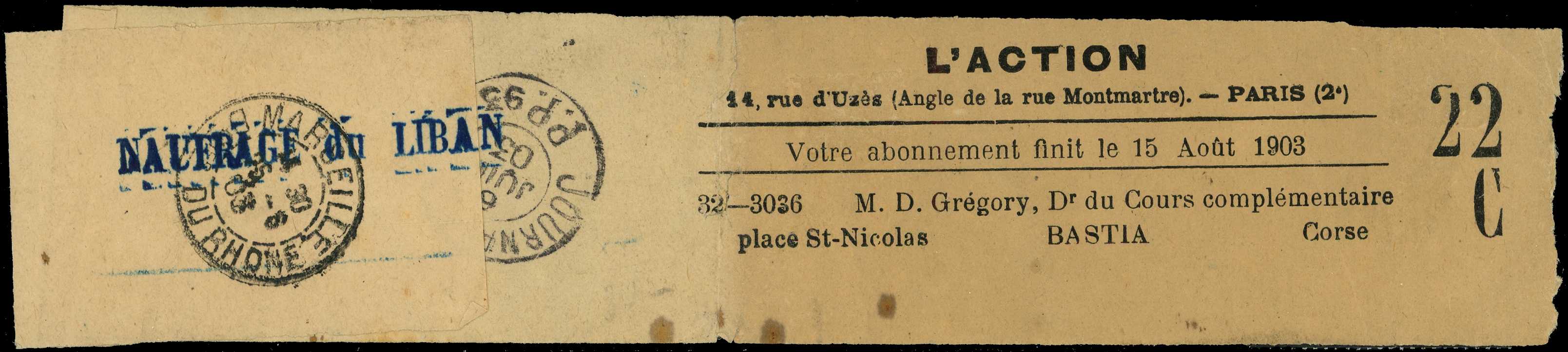 DISASTER MAIL: 1903 L'Action newspaper wrapper...