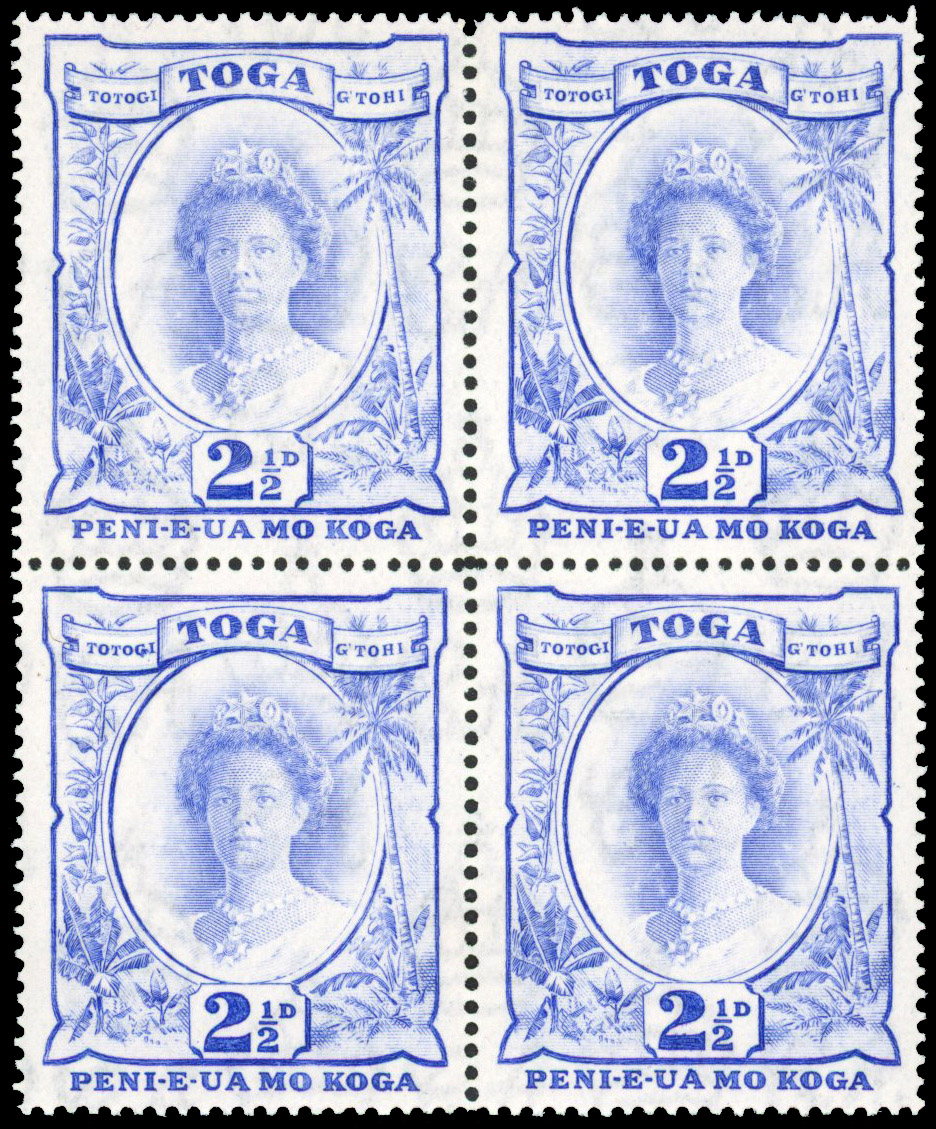 Tonga SG 77a 1942 2½d block R1/1 recut value mint