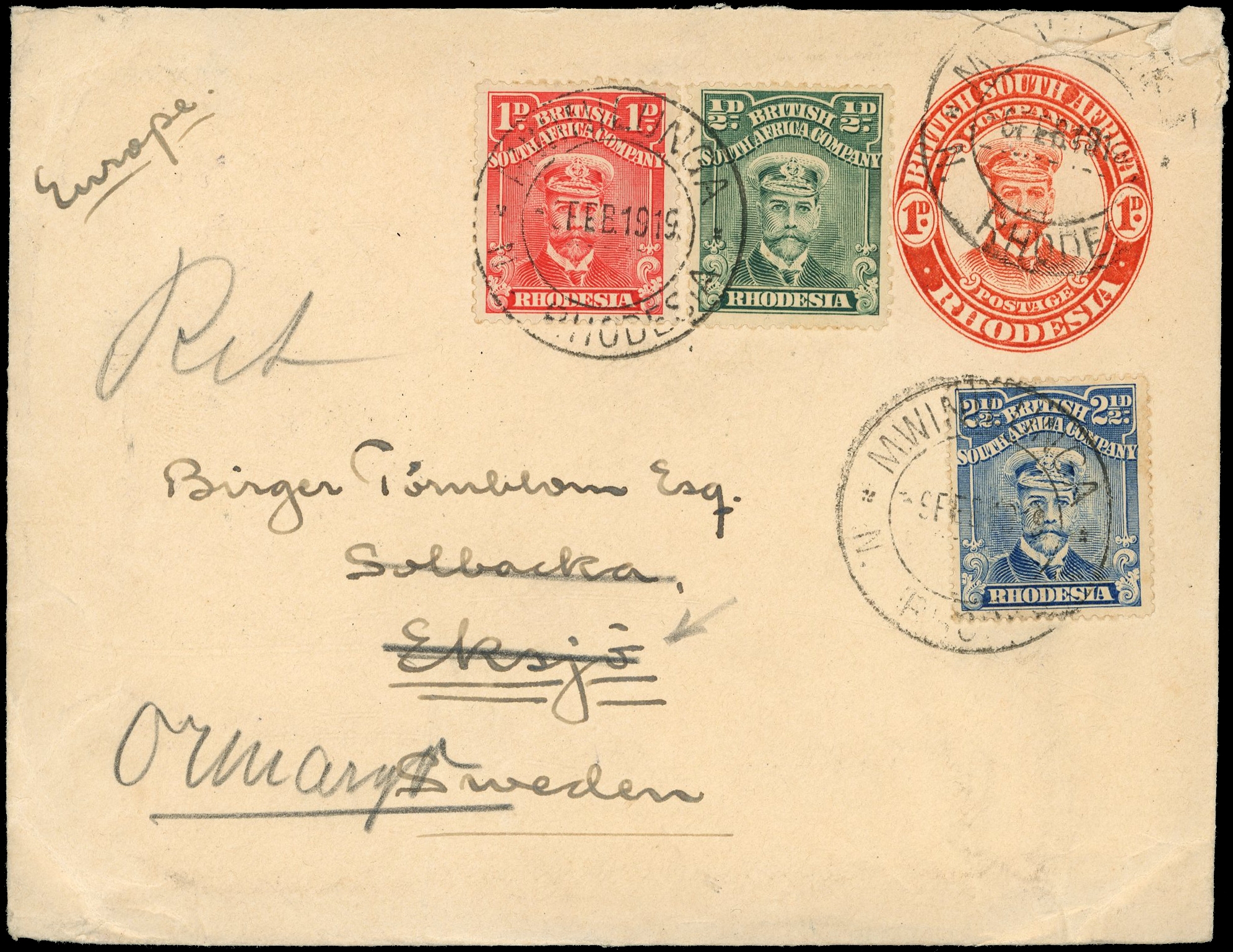 1919 1d red "Admiral" envelope uprated and used to Sweden