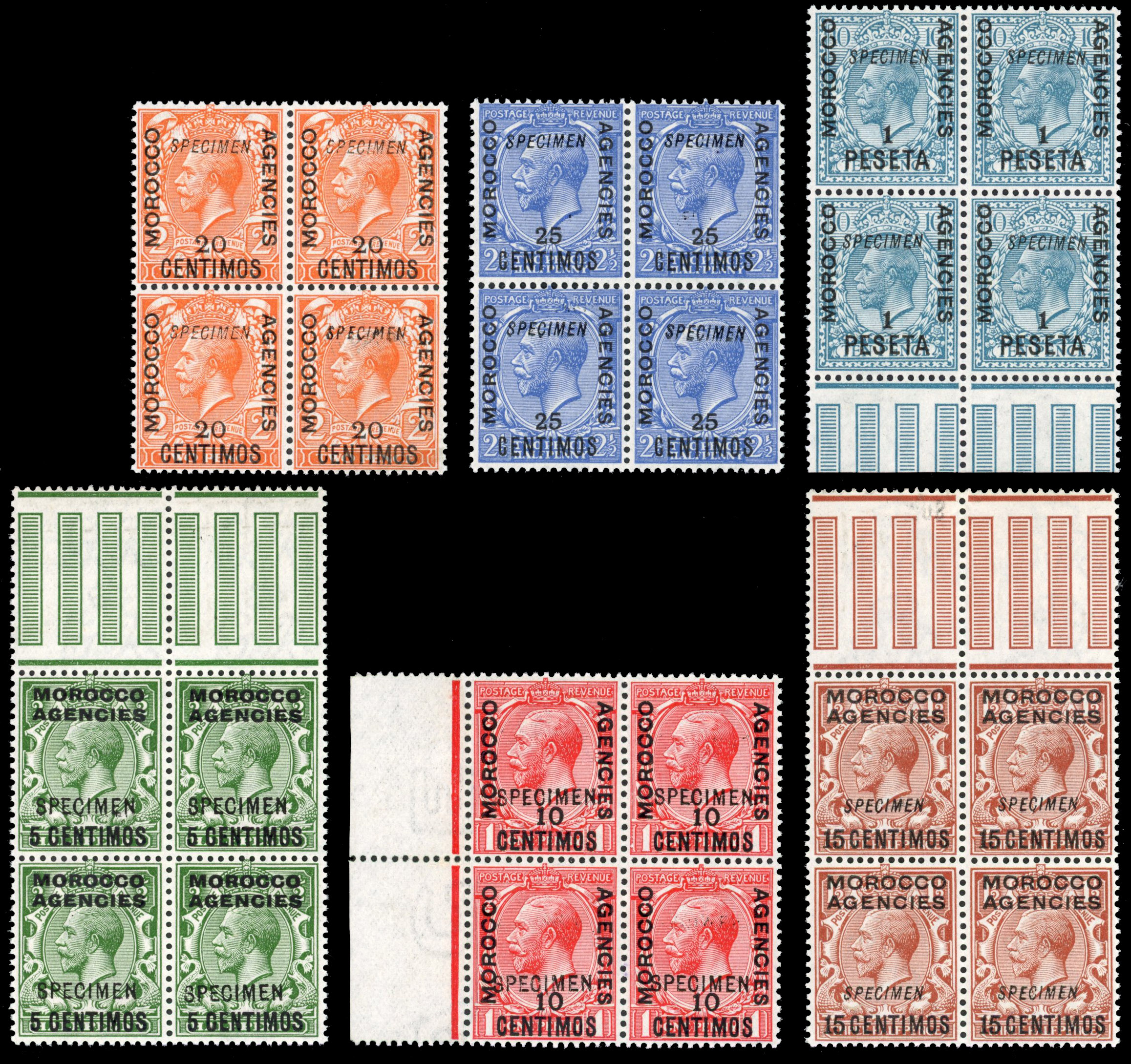 Morocco Agencies 1914-26 Spanish Currency six values to 1p on 10d (lacking later 3c and 40c), opt 'SPECIMEN'