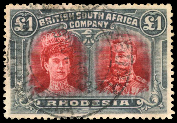 Rhodesia 1910-13 £1 lake-brown and slate-black perf 14 used