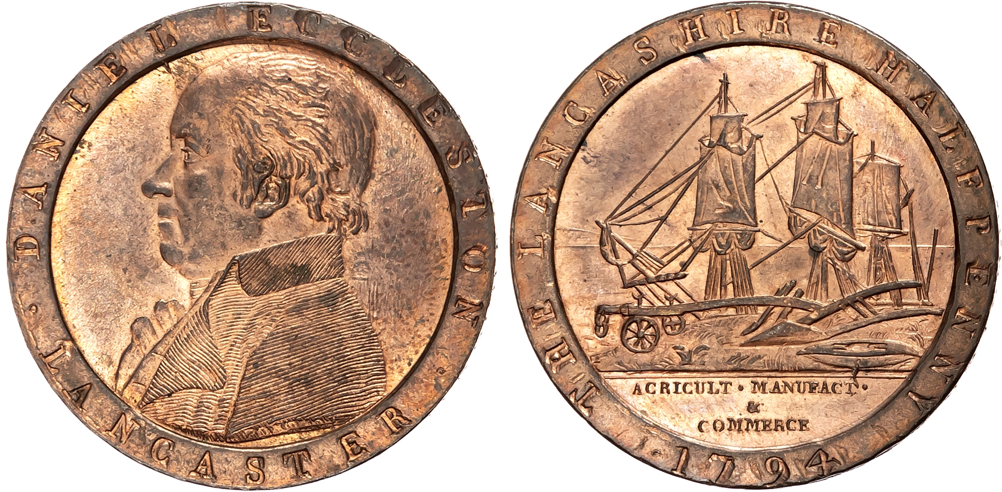 Lancs. Lancaster , Daniel Eccleston (retired West Indian and American merchant) Halfpenny 1794, bust left of Eccleston, …