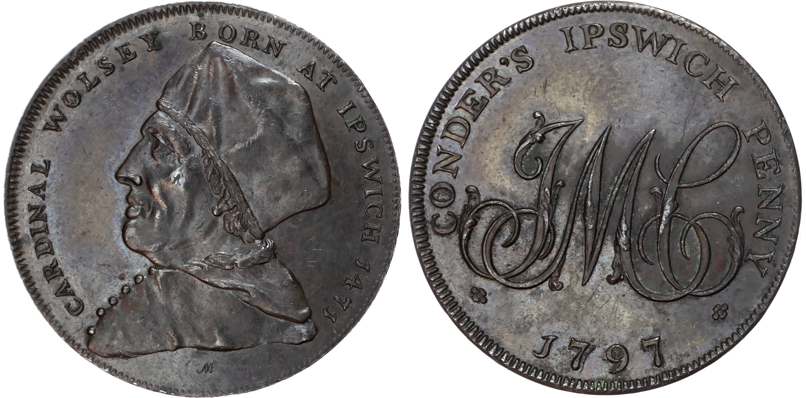 Suff. Ipswich , James Conder, bronzed Penny 1795, bust of Cardinal Wolsey left, rev . JMC cypher, edge plain, …