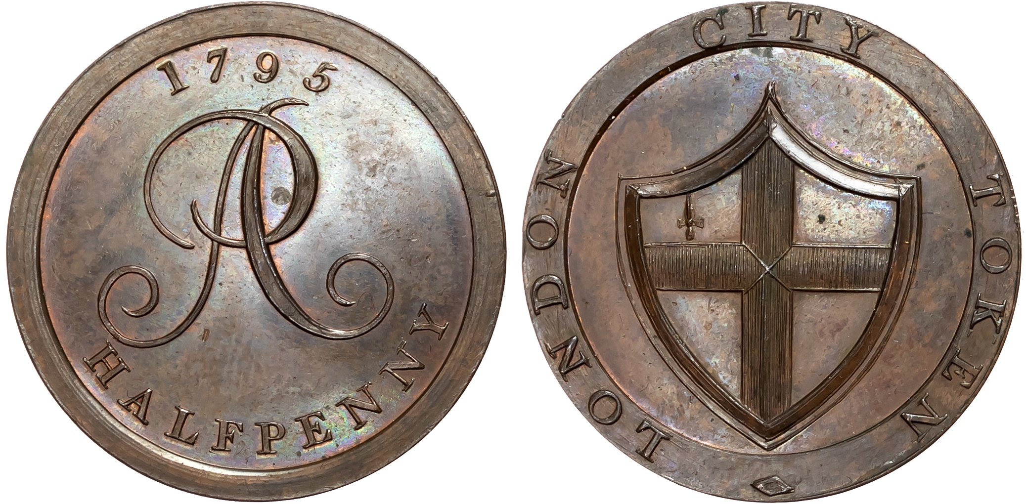 London, Uncertain Locality , Peter Anderson, Jorden’s Halfpenny 1795, Arms of the City of London (shaded cross), rev. PA …