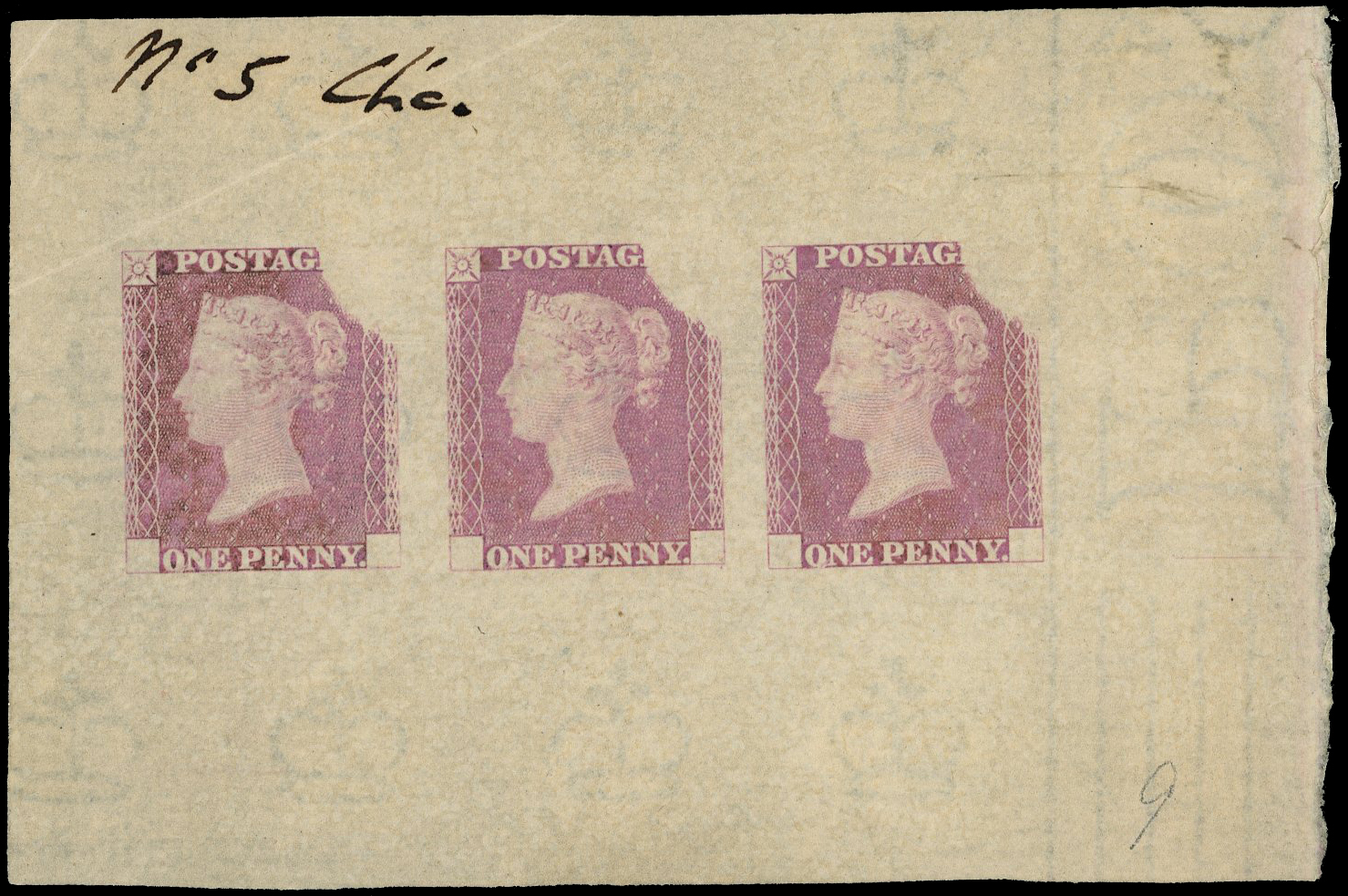 Great Britain 1840 1d "Rainbow" Small trial sheet of three impressions, Spec. DP19a