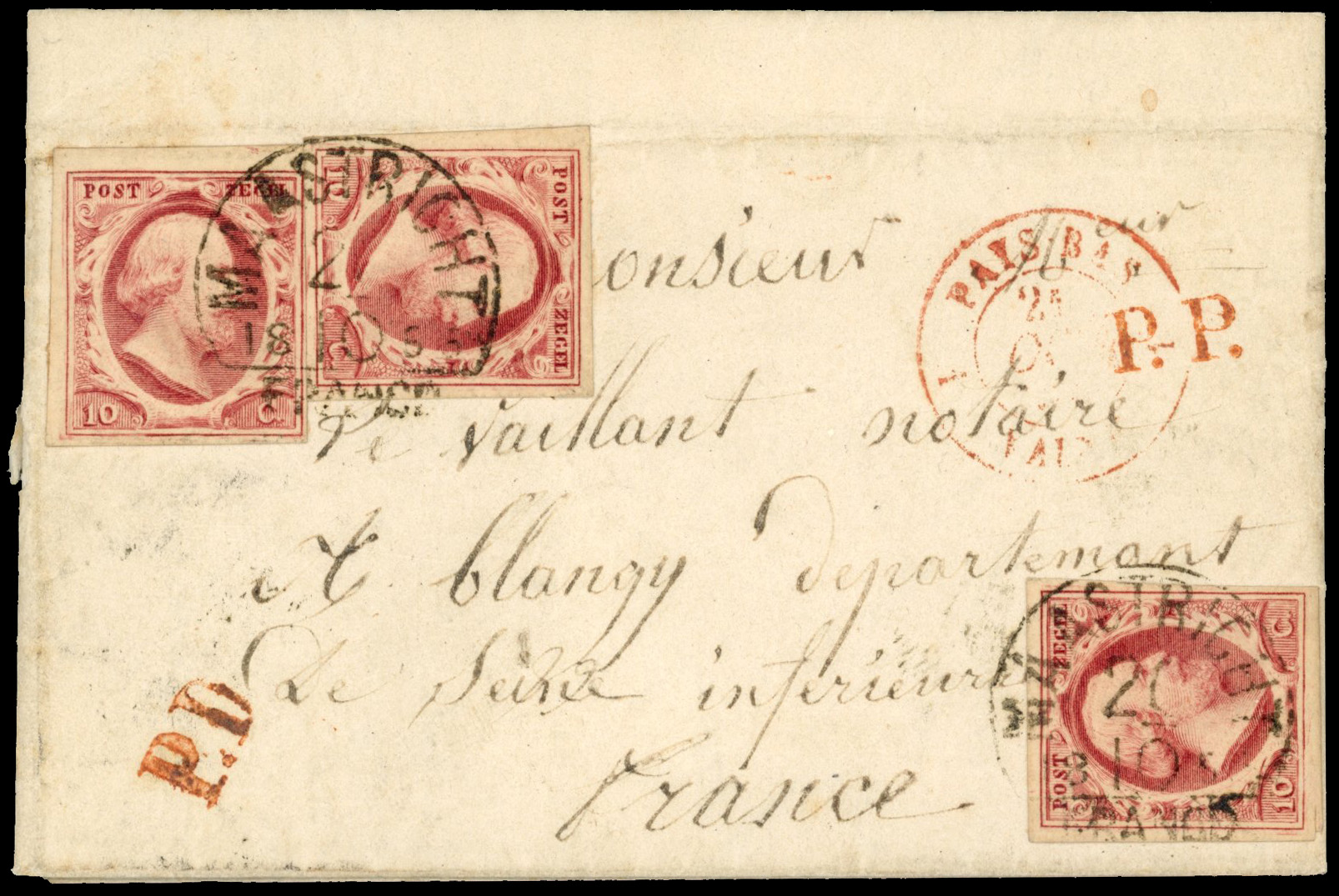 Netherlands 1855 entire Maastricht to France, three 10c