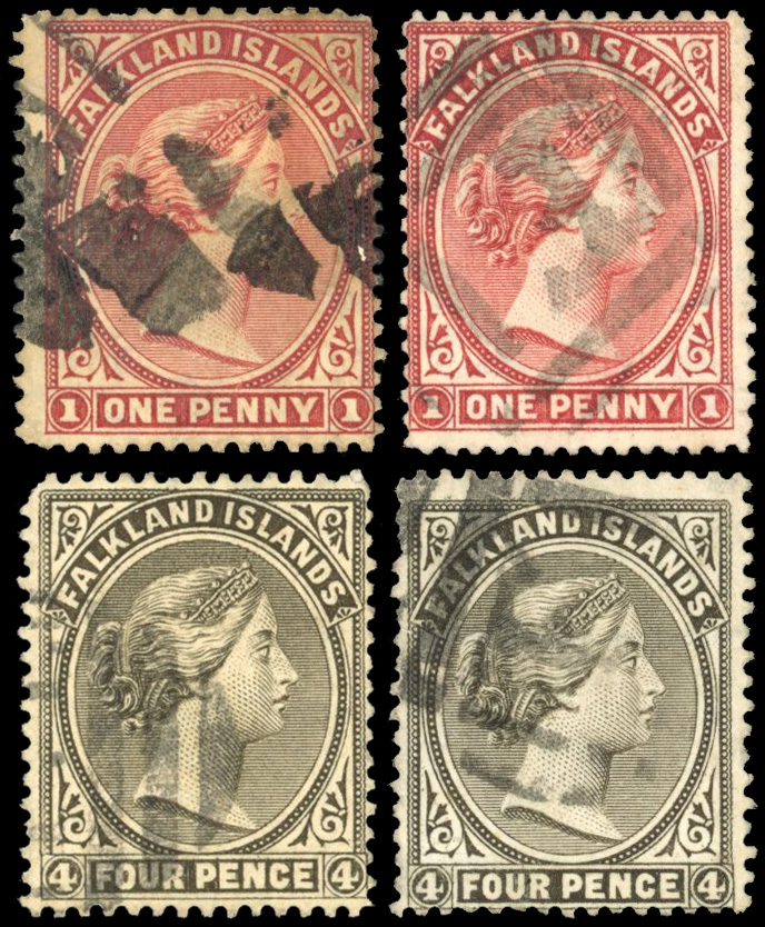Falkland Islands SG 5, y, 6, w 1882 1ds and 4ds used