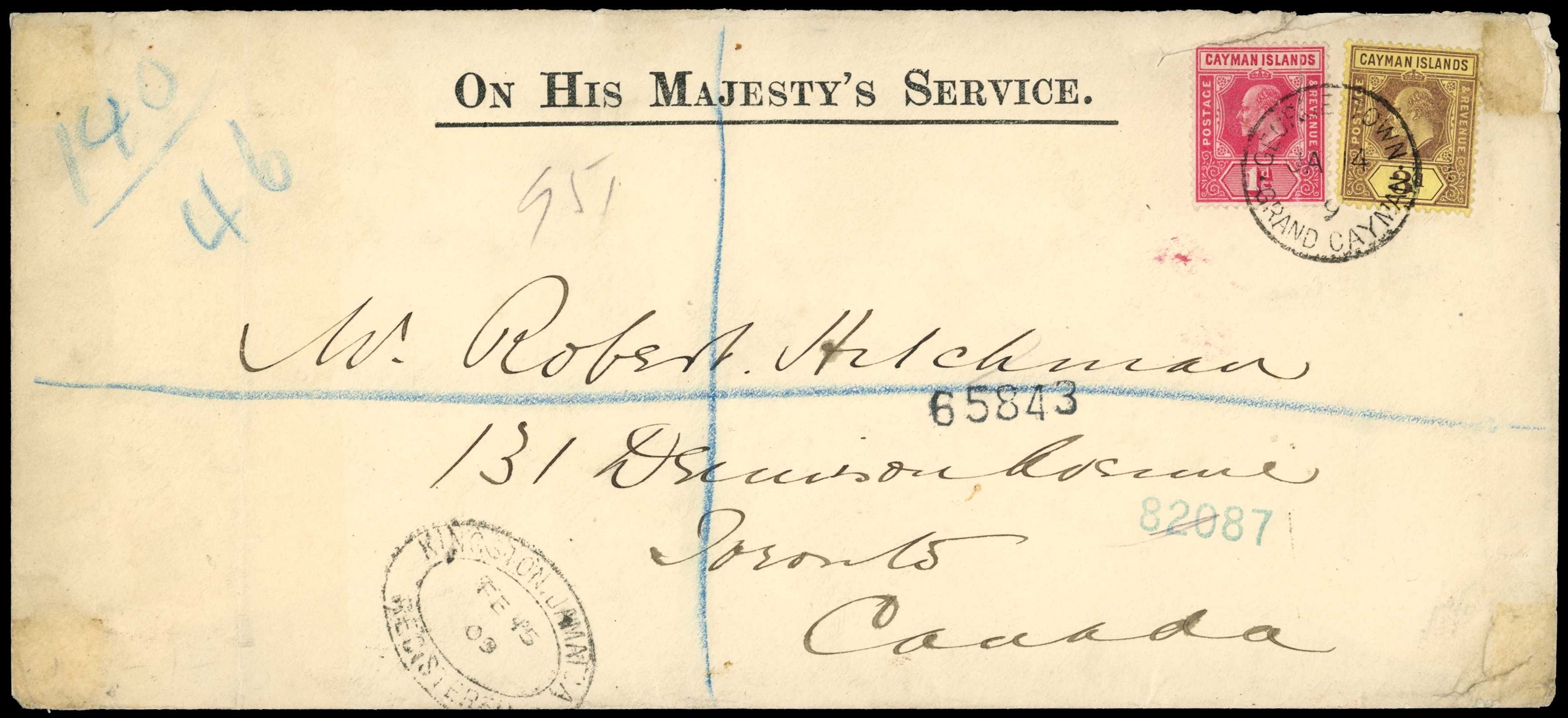 1909 OHMS registered cover to Canada franked...