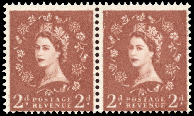 GB SG 573 1958 2d light red-brown Dollis Hill trial pair mint
