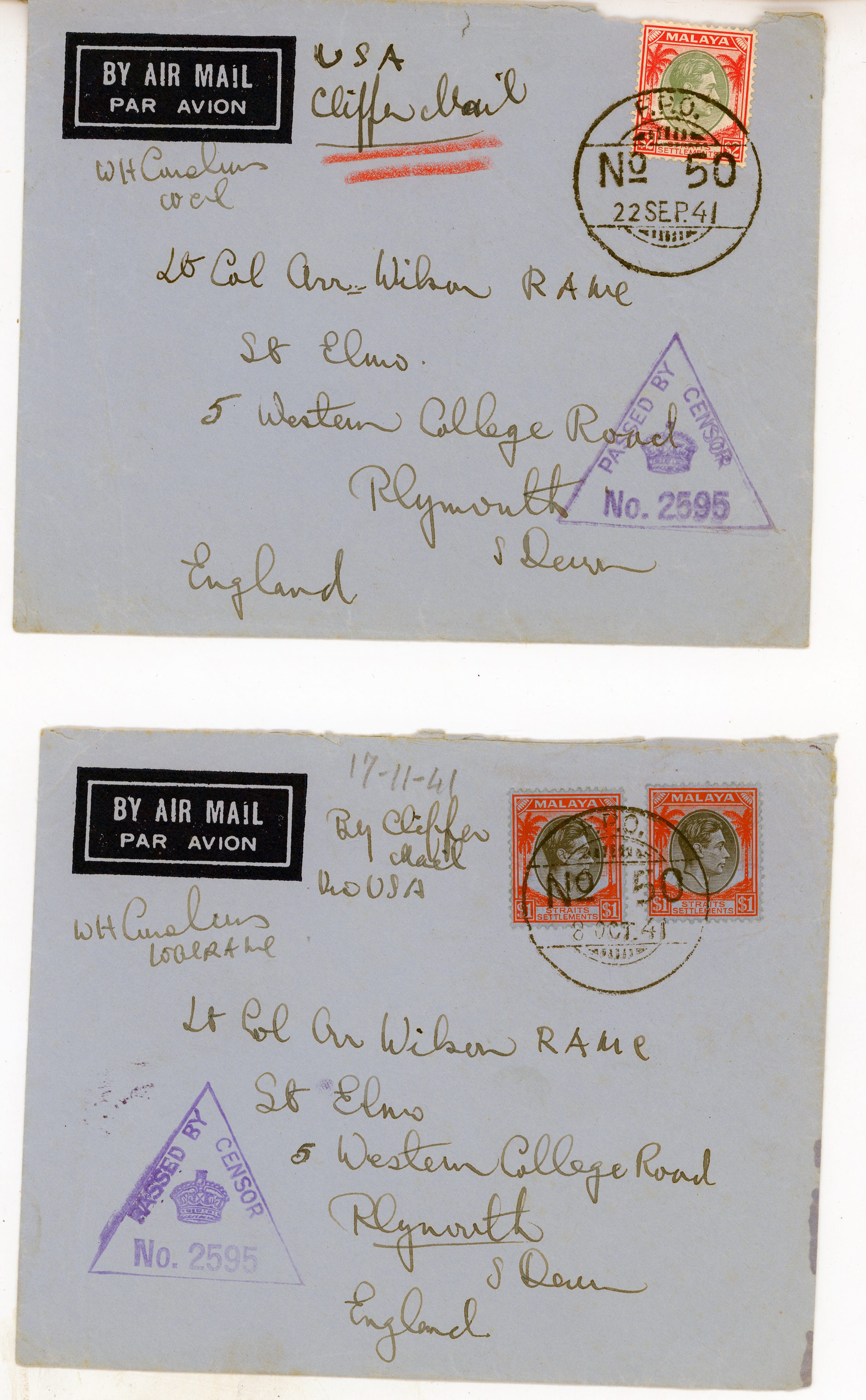 Malaya Straits 1941 Censor covers