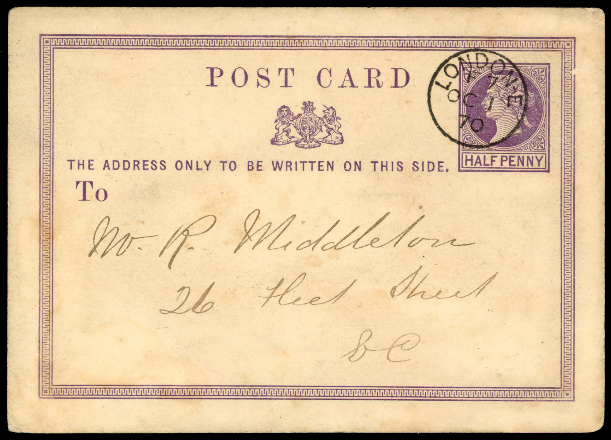 1870 ½d Violet postcard (Large format, size e). first day of issue