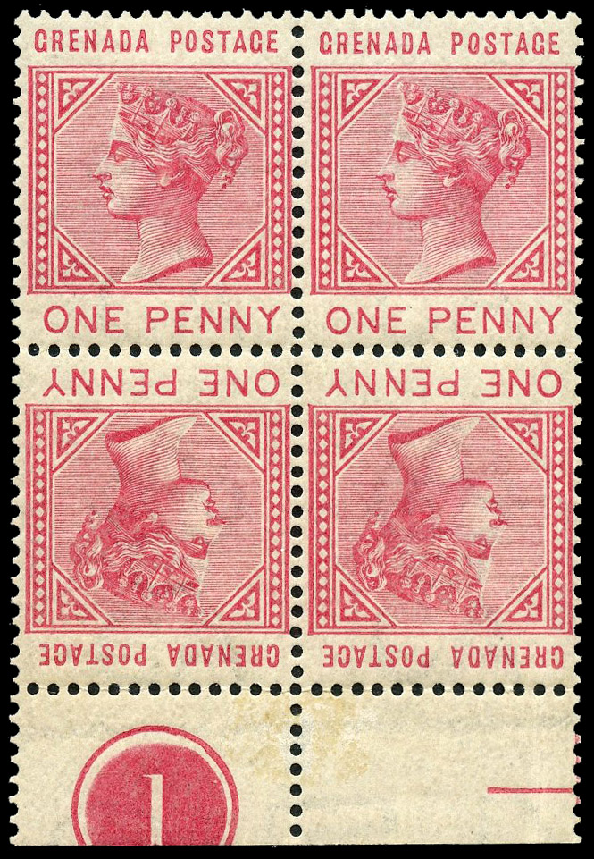 Grenada 1882 1d carmine block with plate number mint