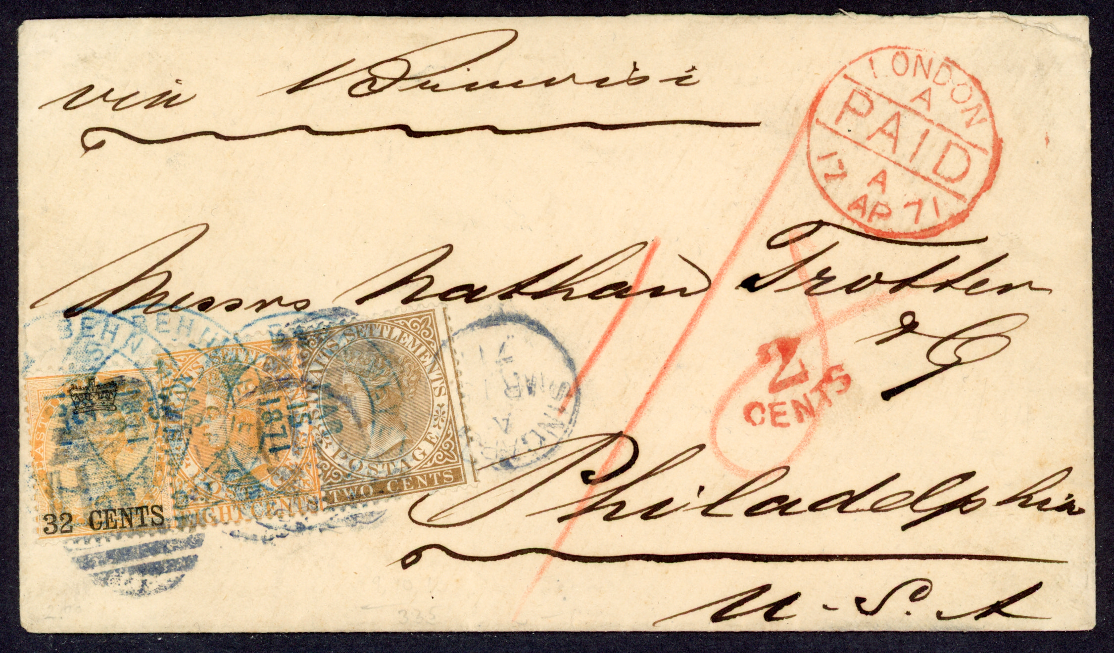 Straits Settlements SG 9, 11a, 14 1871 cover from Singapore to Philadelphia