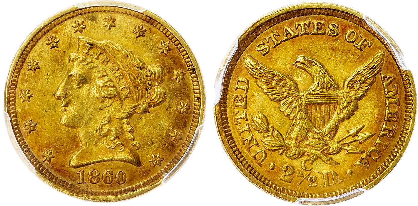 USA, Liberty Head gold 2 ½ Dollars, 1860 Charlotte - AU 58