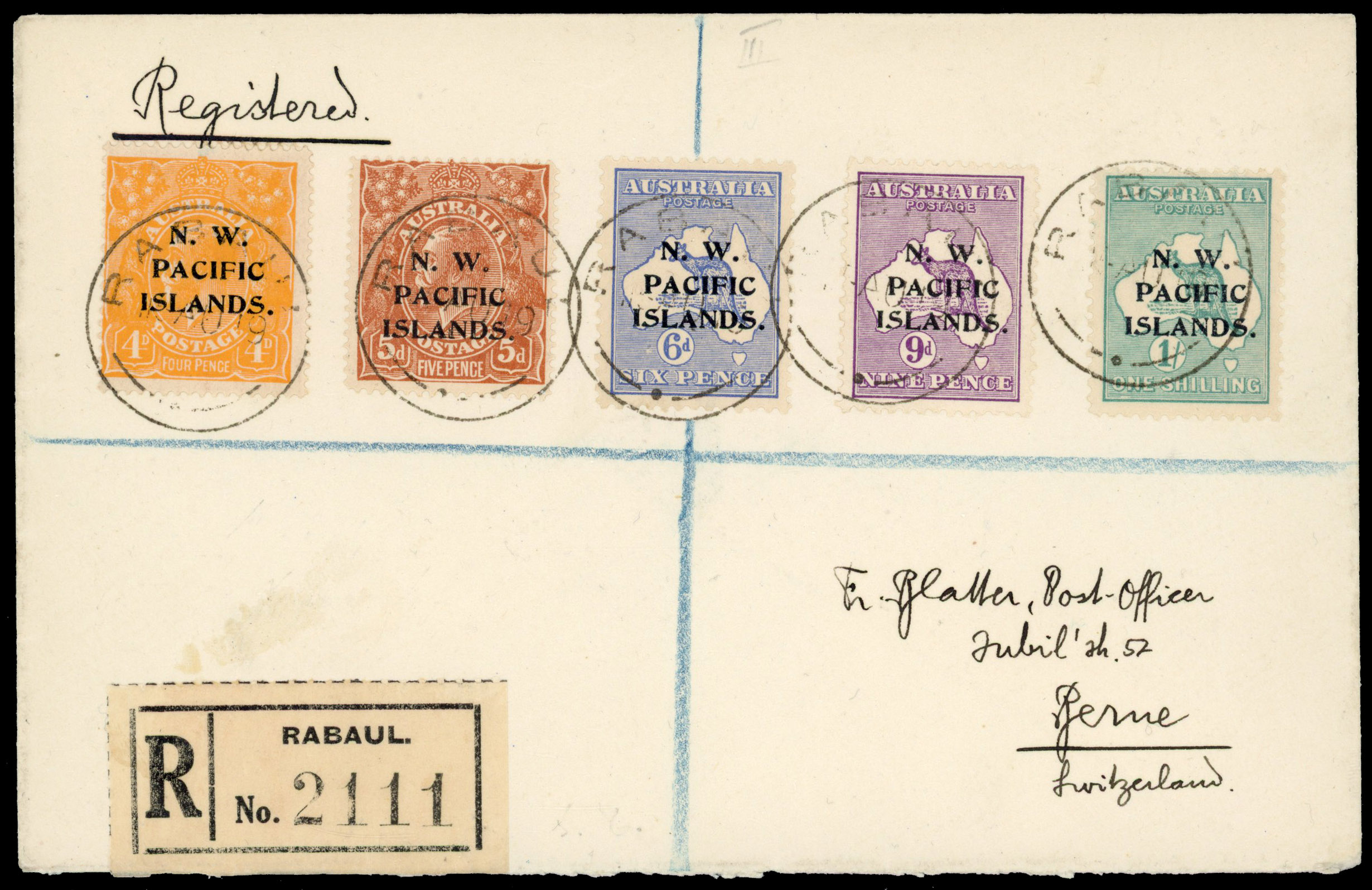 New Guinea 1919 registered cover to Bern