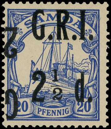 SAMOA: 1914 2½d on 20pf ultramarine, surcharge double, one inverted,...