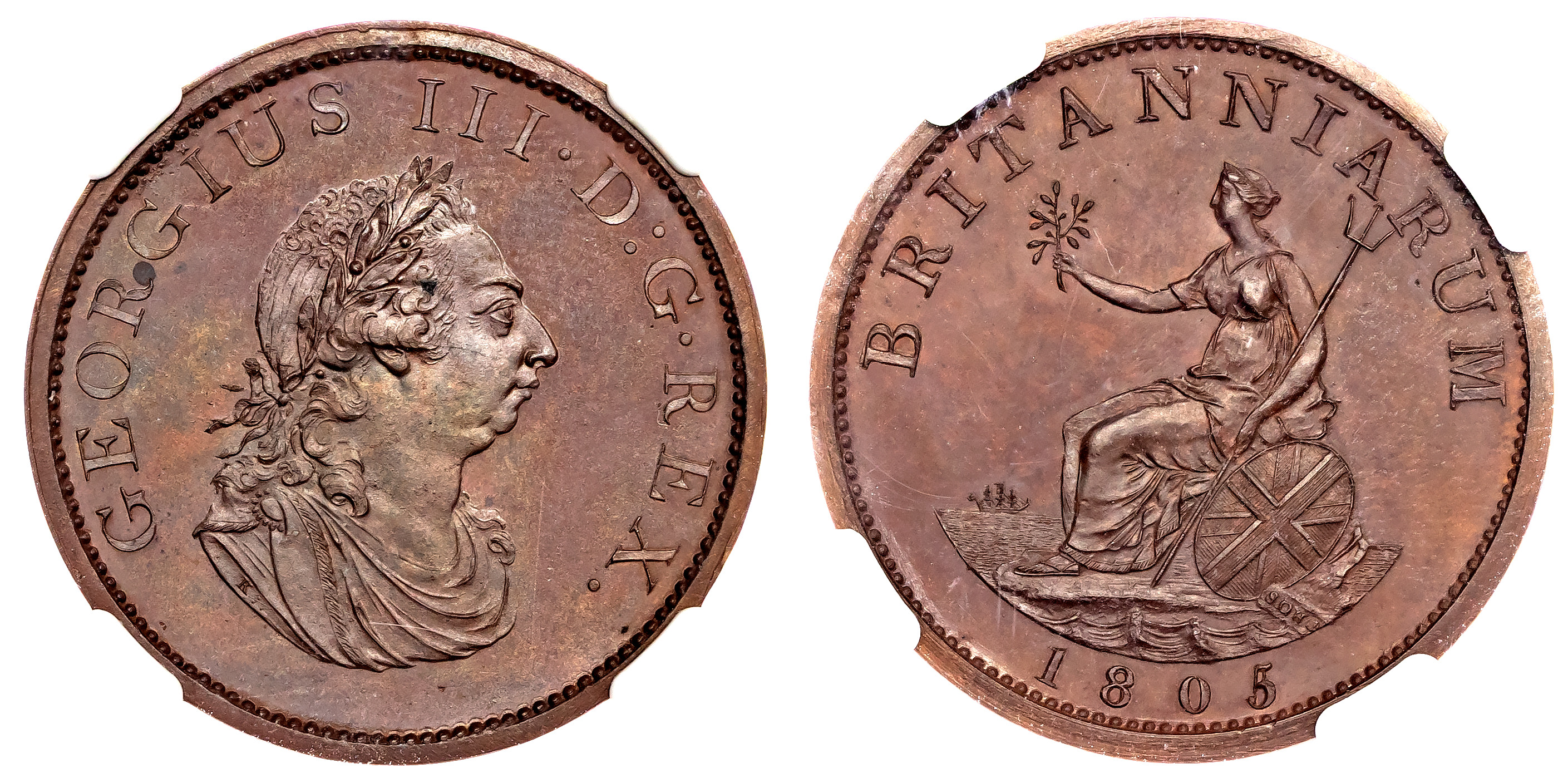 George III (1760-1820), Restrike Pattern Halfpenny, 1805. NGC PF64